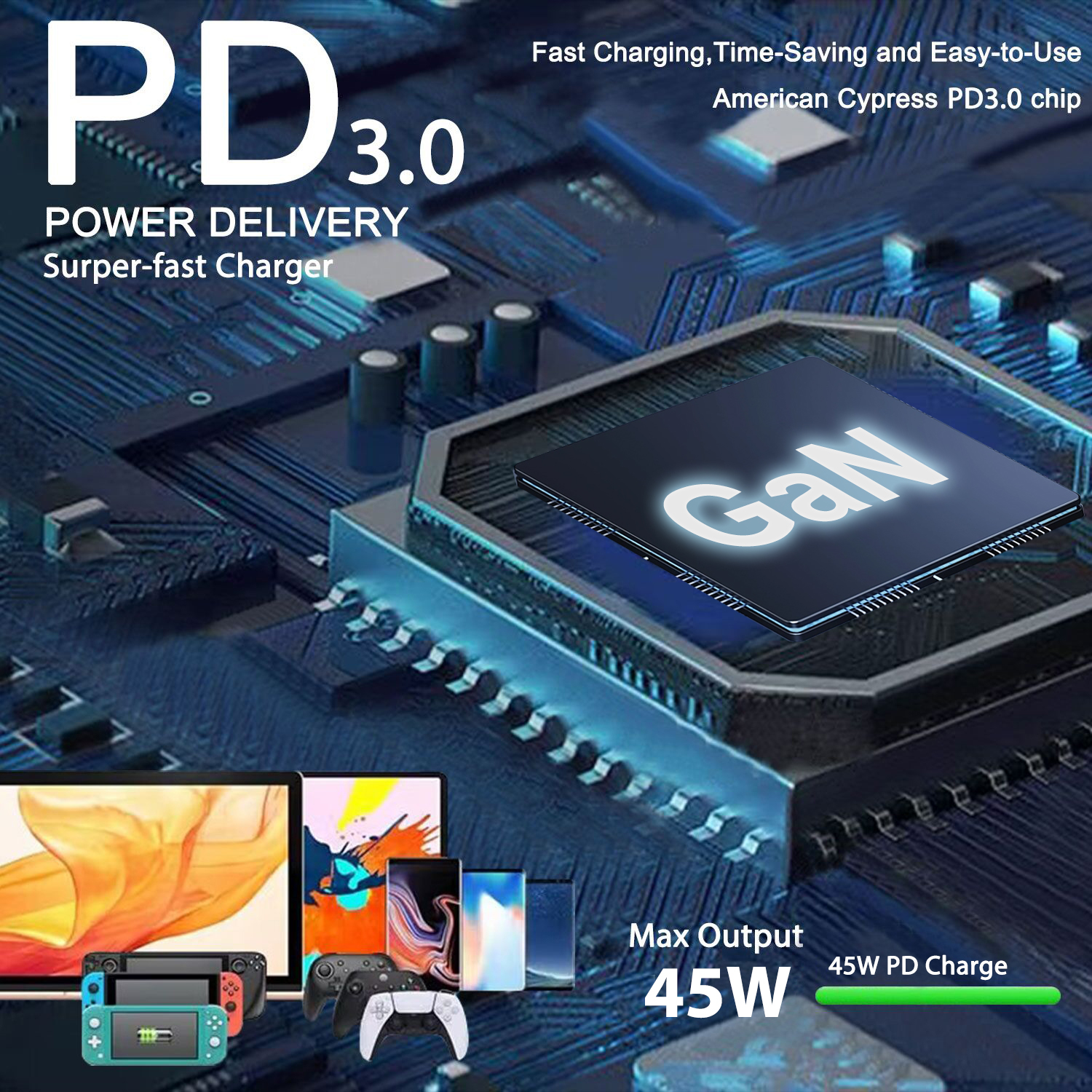 Portable Smart GaN 45W USB Type-C PD3.0 Charger 